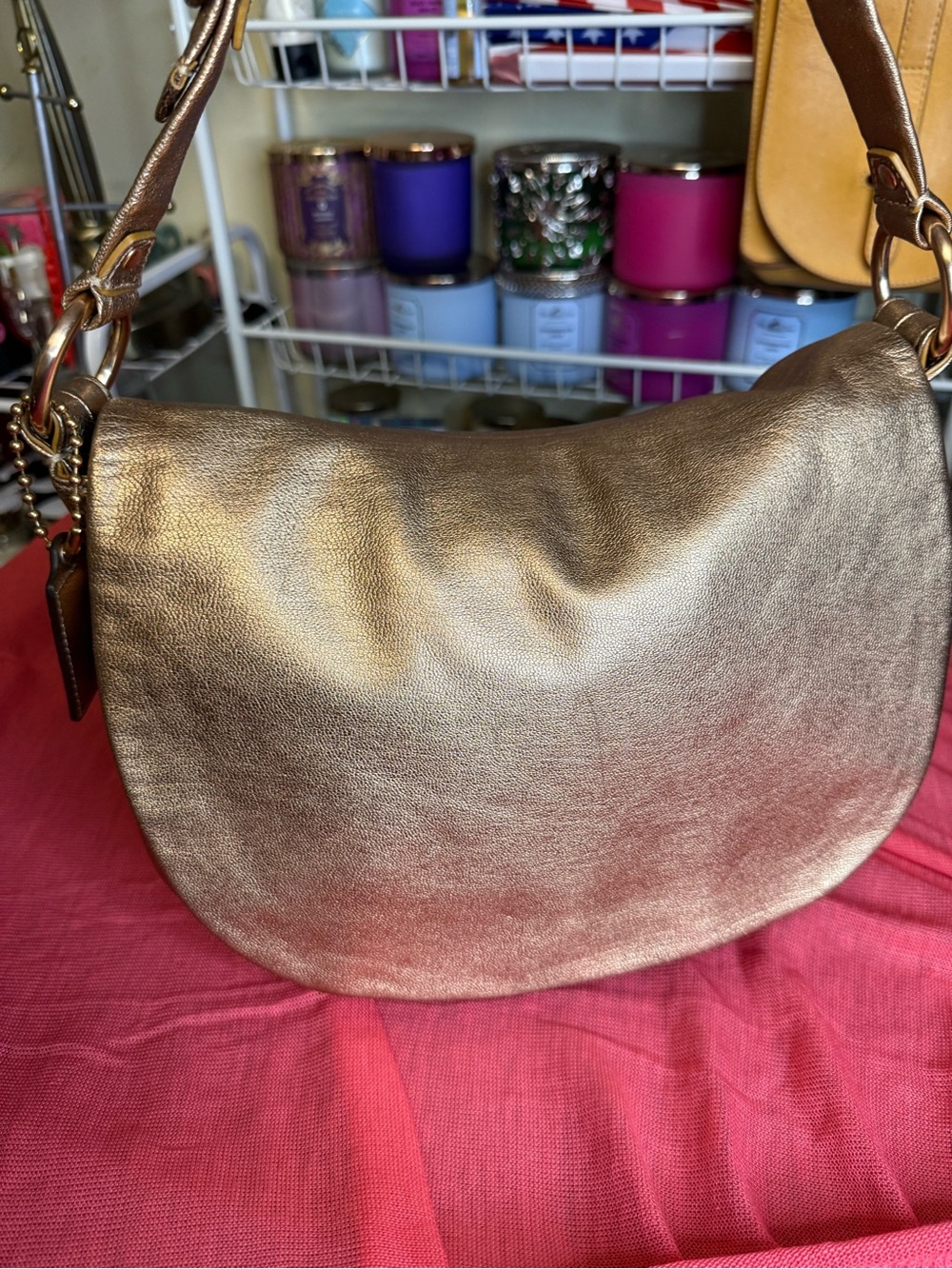 Coach Ali Metallic Rose Leather Hobo Shoulder Bag Rose Gold